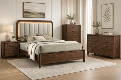 Mid-Century Modern Walnut 4-Piece Bedroom Set with Upholstered LED Platform Bed, Nightstand, Chest & Dresser with Optional Mirror