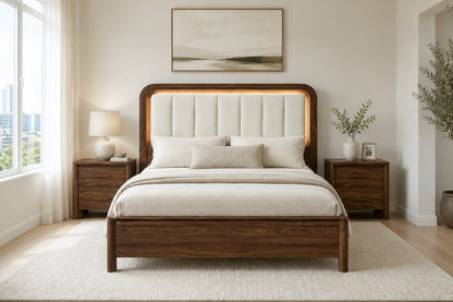 Mid-Century Modern Walnut 3-Piece Bedroom Set with Upholstered LED Platform Bed & 2 USB Charging Nightstands
