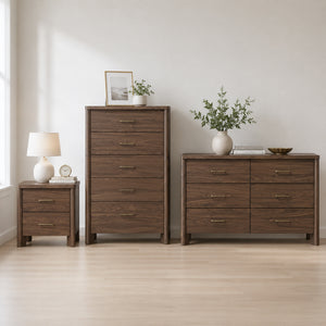 Mid-Century Modern Walnut 3-Piece Bedroom Storage Set with Nightstand, Chest & Dresser with Optional Mirror