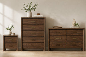 Mid-Century Modern Walnut 3-Piece Bedroom Storage Set with Nightstand, Chest & Dresser with Optional Mirror