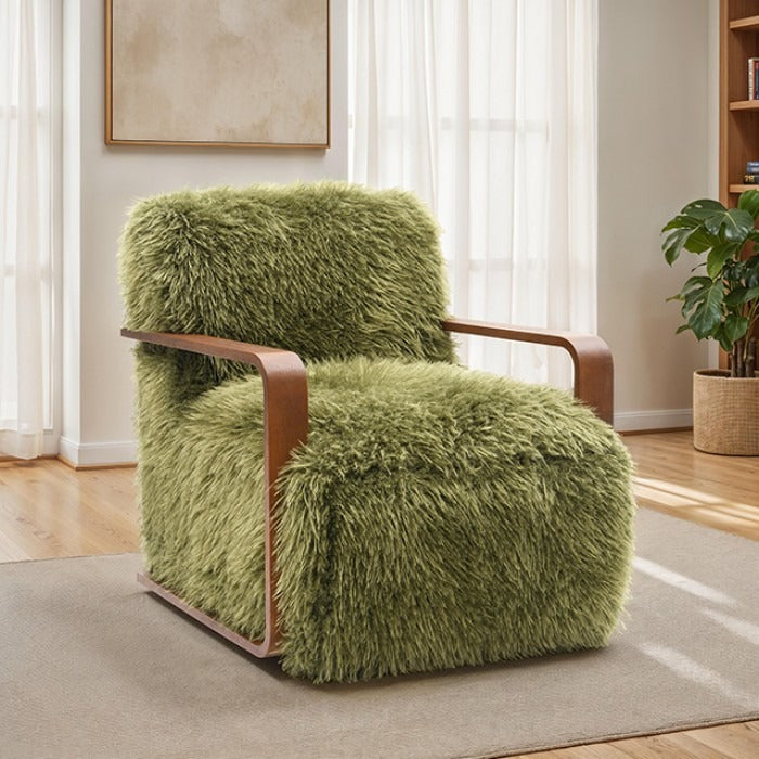 Ultra Soft Faux Fur Accent Chair – Retro Curves, Dark Walnut Wood Arms