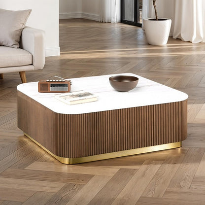 Contemporary Brown & White Genuine Marble Coffee Table with Gold Metal Base