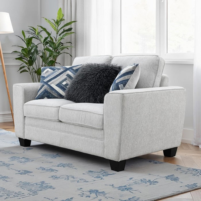 Transitional Chenille Loveseat with Soft Track Arms and Walnut Wood Trim
