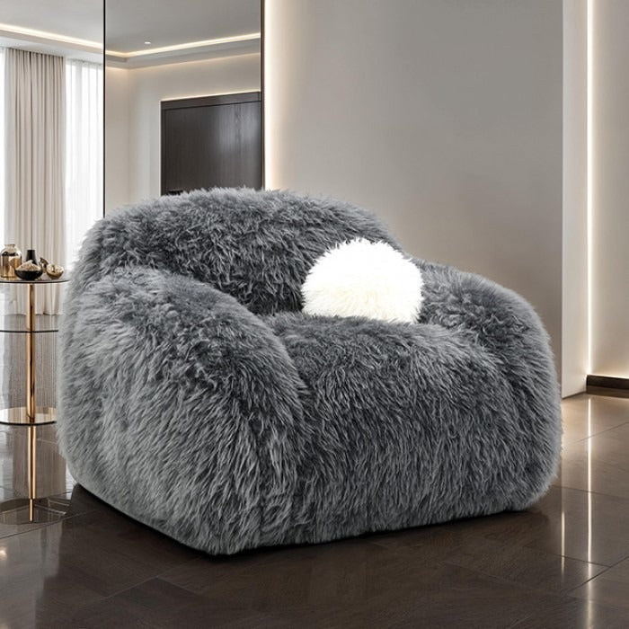 Contemporary Faux Fur Swivel Chair – Plush Shaggy Texture, Full Swivel + Ball Pillows