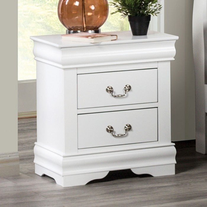 Transitional Sleigh Wood Nightstand with Dovetail Drawers and Metal Pulls