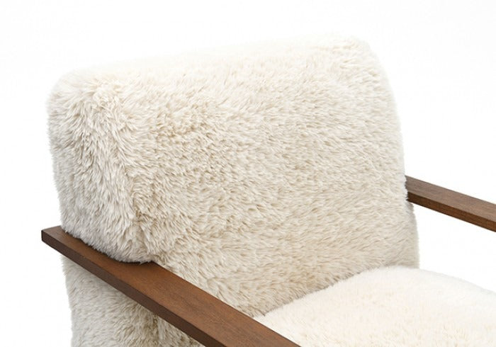 Ultra Soft Faux Fur Accent Chair – Retro Curves, Dark Walnut Wood Arms