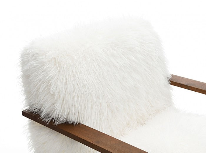 Ultra Soft Faux Fur Accent Chair – Retro Curves, Dark Walnut Wood Arms