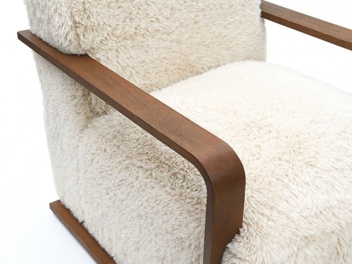 Ultra Soft Faux Fur Accent Chair – Retro Curves, Dark Walnut Wood Arms