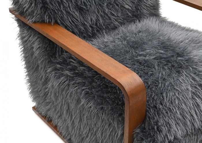 Ultra Soft Faux Fur Accent Chair – Retro Curves, Dark Walnut Wood Arms