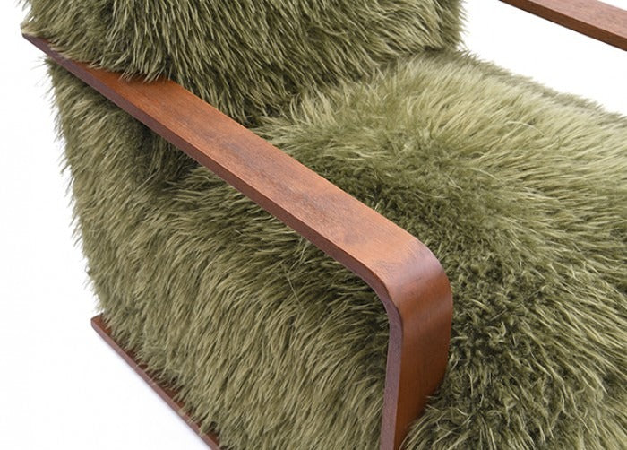 Ultra Soft Faux Fur Accent Chair – Retro Curves, Dark Walnut Wood Arms