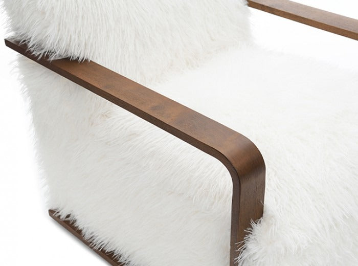 Ultra Soft Faux Fur Accent Chair – Retro Curves, Dark Walnut Wood Arms