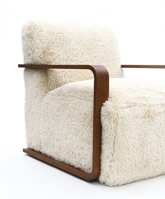 Ultra Soft Faux Fur Accent Chair – Retro Curves, Dark Walnut Wood Arms