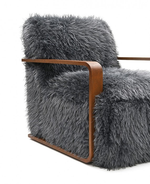 Ultra Soft Faux Fur Accent Chair – Retro Curves, Dark Walnut Wood Arms