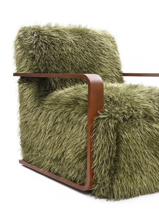 Ultra Soft Faux Fur Accent Chair – Retro Curves, Dark Walnut Wood Arms