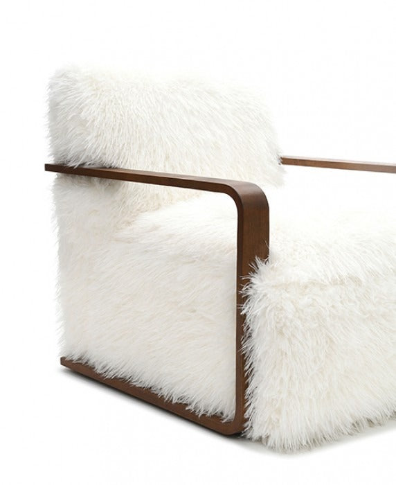 Ultra Soft Faux Fur Accent Chair – Retro Curves, Dark Walnut Wood Arms