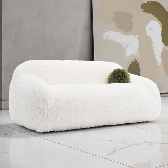 Contemporary Faux Fur Sofa – Plush Shaggy Texture, Full Swivel Chair + Ball Pillows