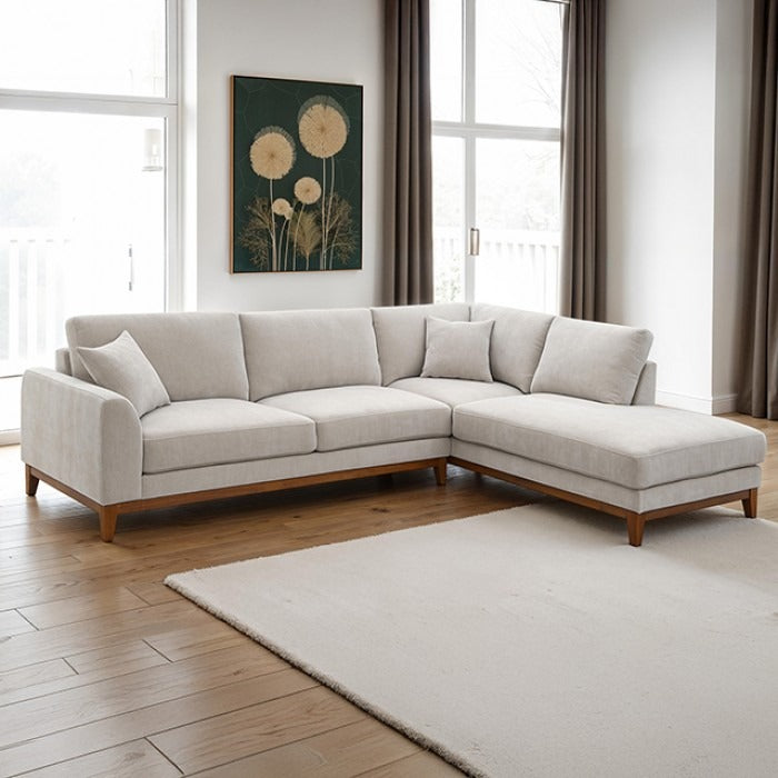 Mid-Century Modern Sectional Sofa with Right Chaise and Walnut Trim for Living Room