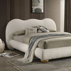 Contemporary Velvet and Boucle Upholstered Bed – Solid Rubberwood Frame
