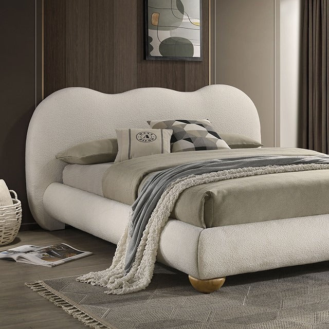 Contemporary Velvet and Boucle Upholstered Bed – Solid Rubberwood Frame