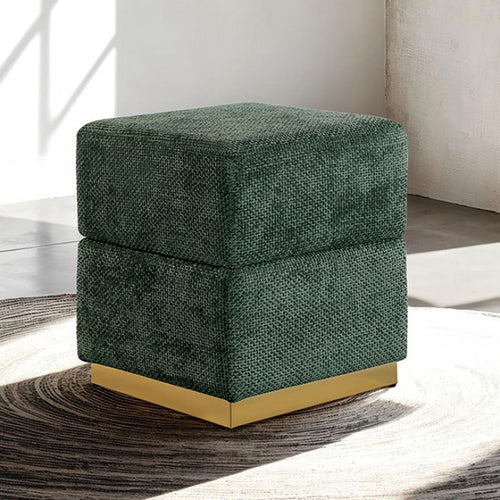 Contemporary Chenille Storage Stool – Gold-Plated Stainless Steel Base, Cube Design