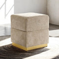 Contemporary Chenille Storage Stool – Gold-Plated Stainless Steel Base, Cube Design