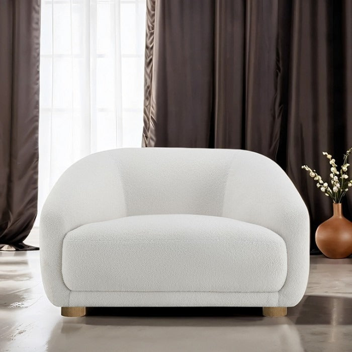 Contemporary Boucle Accent Chair - Slope Arms, Wooden Round Legs, OEKO - TEX Certified