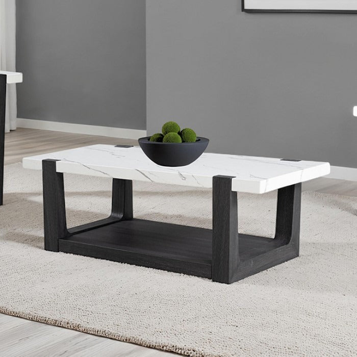 Contemporary Faux Marble Coffee Table | Two-Tone Design, Rubberwood Base