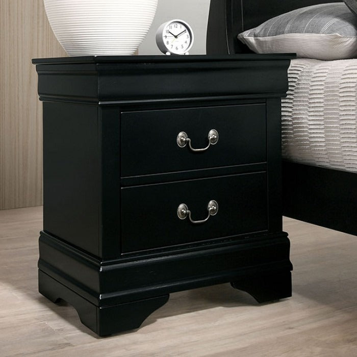 Transitional Sleigh Wood Nightstand with Dovetail Drawers and Metal Pulls