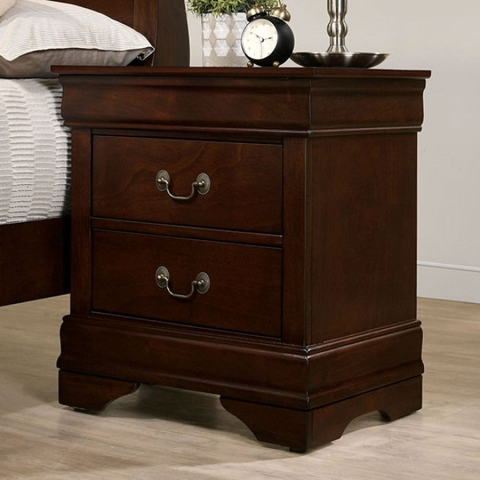 Transitional Sleigh Wood Nightstand with Dovetail Drawers and Metal Pulls