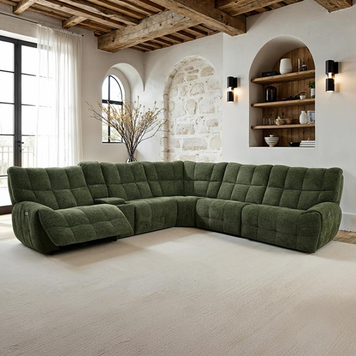 Transitional Chenille Power Reclining Sectional Sofa - USB Ports, Console Storage and Wireless Charging