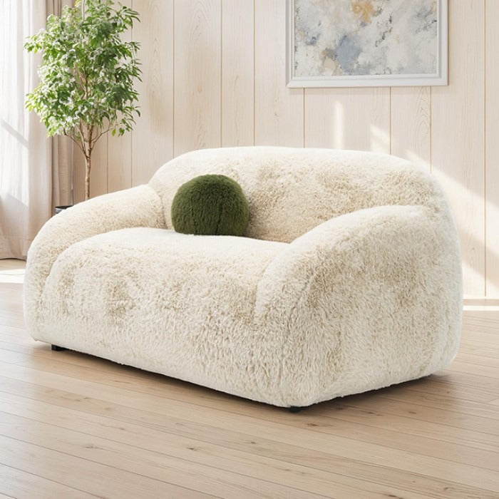 Contemporary Faux Fur Loveseat – Plush Shaggy Texture, Full Swivel Chair + Ball Pillows