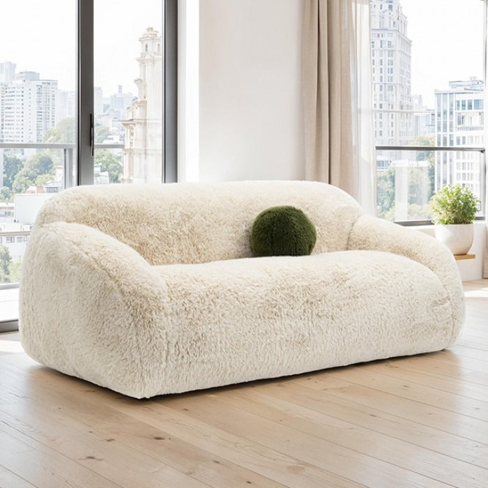 Contemporary Faux Fur Sofa – Plush Shaggy Texture, Full Swivel Chair + Ball Pillows