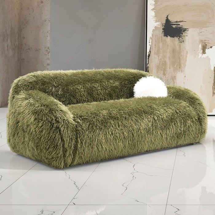 Contemporary Faux Fur Sofa – Plush Shaggy Texture, Full Swivel Chair + Ball Pillows