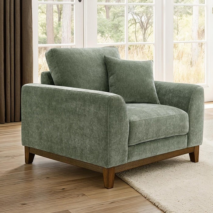 Mid-Century Modern Armchair with Walnut Wood Trim and Throw Pillow