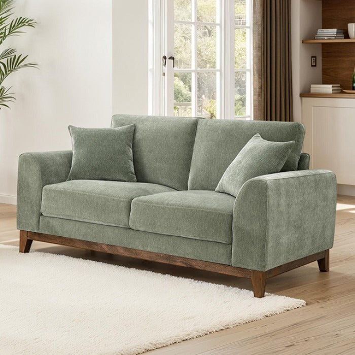 Mid-Century Modern Loveseat with Walnut Trim and Throw Pillows for Living Room