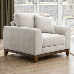 Mid-Century Modern Armchair with Walnut Wood Trim and Throw Pillow