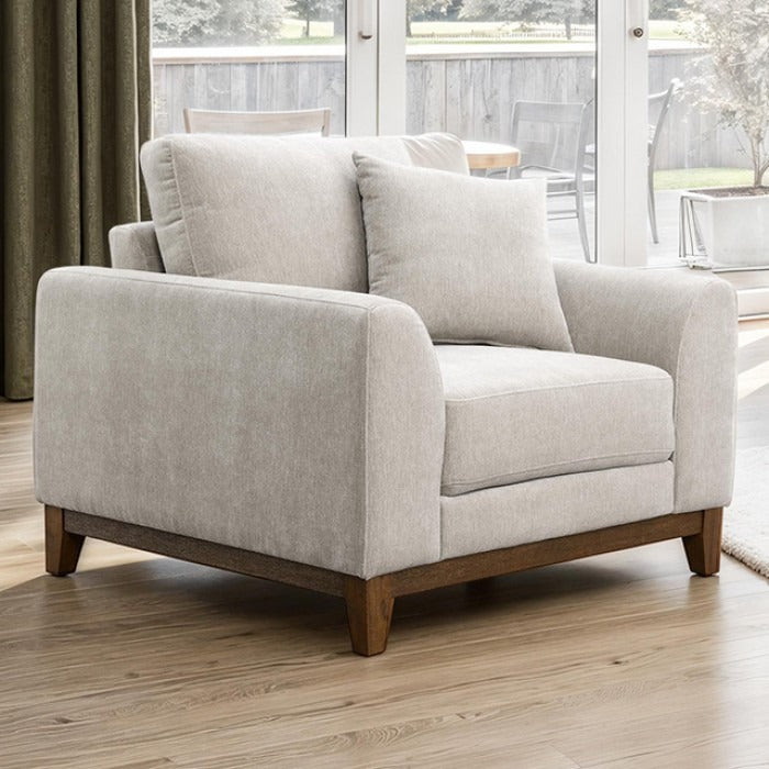 Mid-Century Modern Armchair with Walnut Wood Trim and Throw Pillow