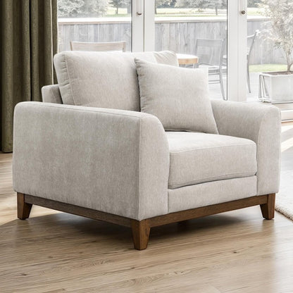 Mid-Century Modern Armchair with Walnut Wood Trim and Throw Pillow