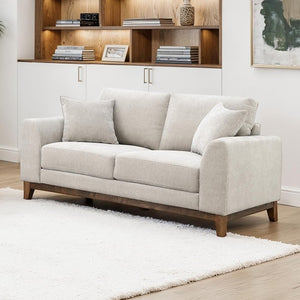 Mid-Century Modern Loveseat with Walnut Trim and Throw Pillows for Living Room