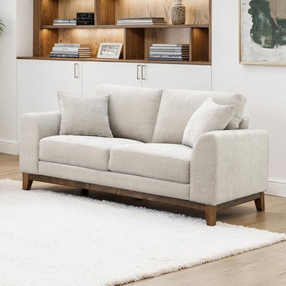 Mid-Century Modern Loveseat with Walnut Trim and Throw Pillows for Living Room