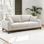 Mid-Century Modern Sofa with Walnut Trim and Throw Pillows for Living Room