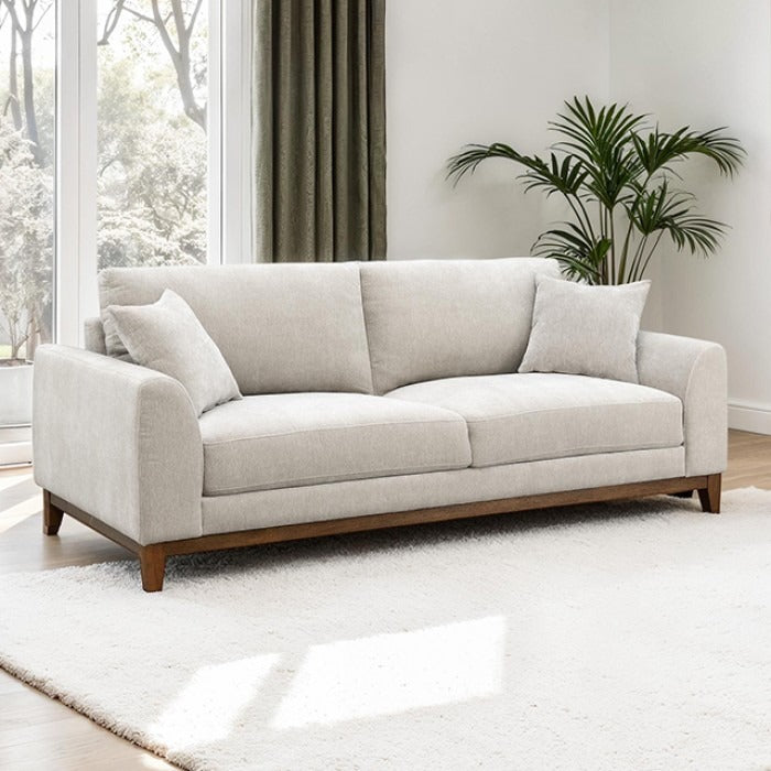 Mid-Century Modern Sofa with Walnut Trim and Throw Pillows for Living Room