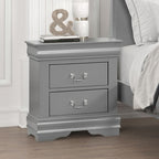 Transitional Sleigh Wood Nightstand with Dovetail Drawers and Metal Pulls