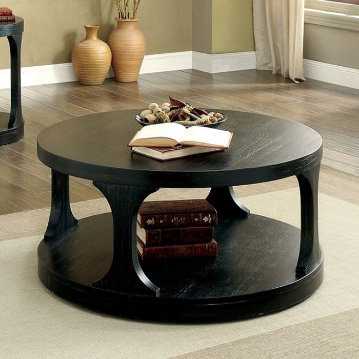Transitional Round Wood Table – Intricate Grain Design with Open Shelf