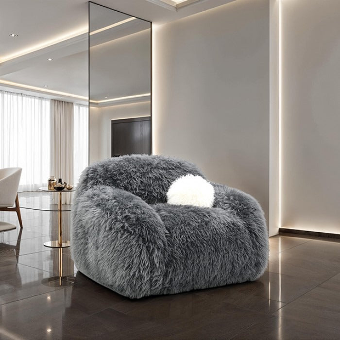 Contemporary Faux Fur Swivel Chair – Plush Shaggy Texture, Full Swivel + Ball Pillows