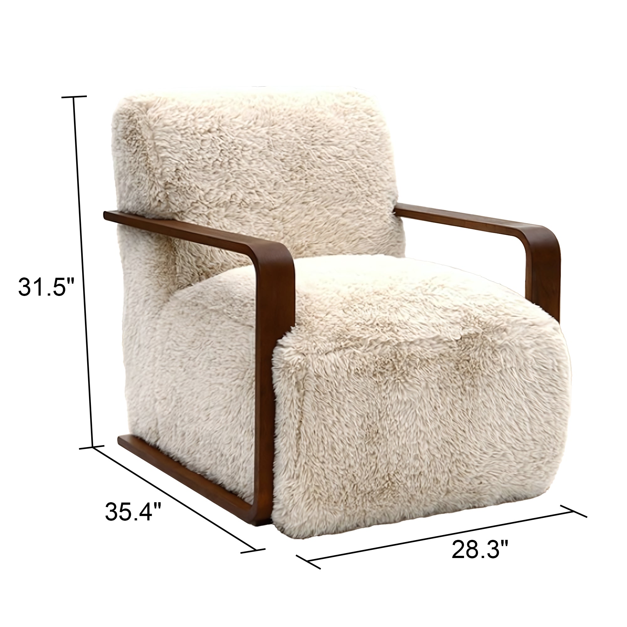 Ultra Soft Faux Fur Accent Chair – Retro Curves, Dark Walnut Wood Arms