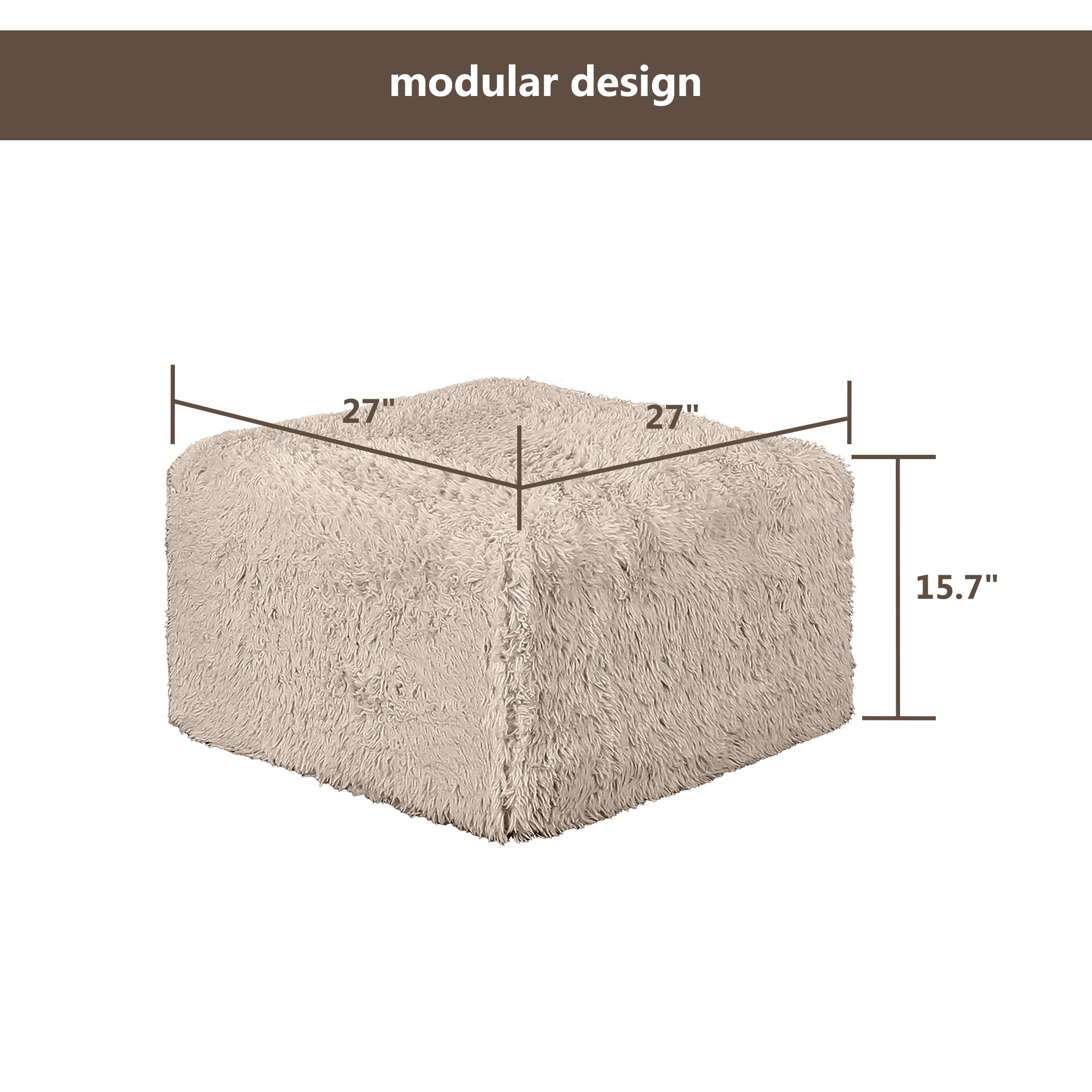 Taupe gray Ottoman–Full product dimensions chart showing length, width and height