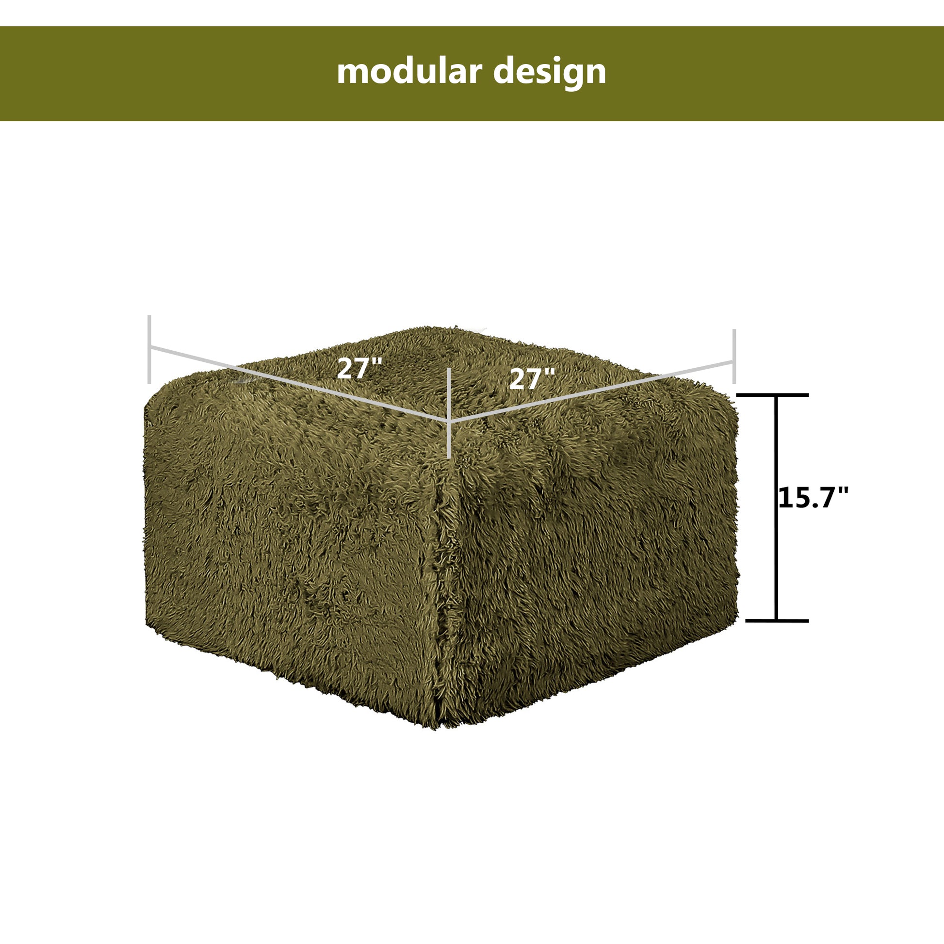 Olive green Ottoman–Full product dimensions chart showing length, width and height