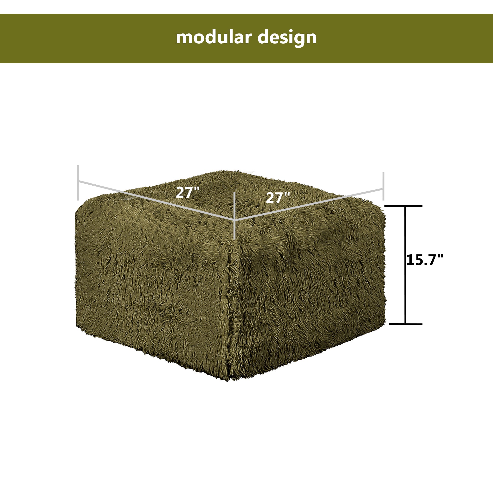 Olive green Ottoman–Full product dimensions chart showing length, width and height