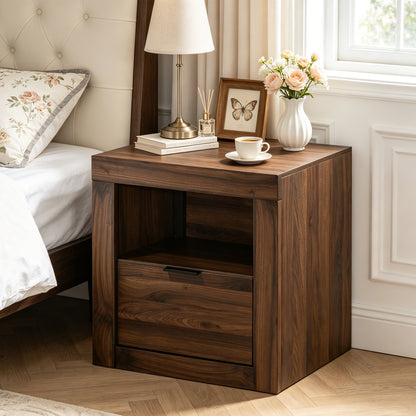 Contemporary Wood Nightstand with Dovetail Drawer & Storage – Modern Bedside Table with Finger Pull Handle